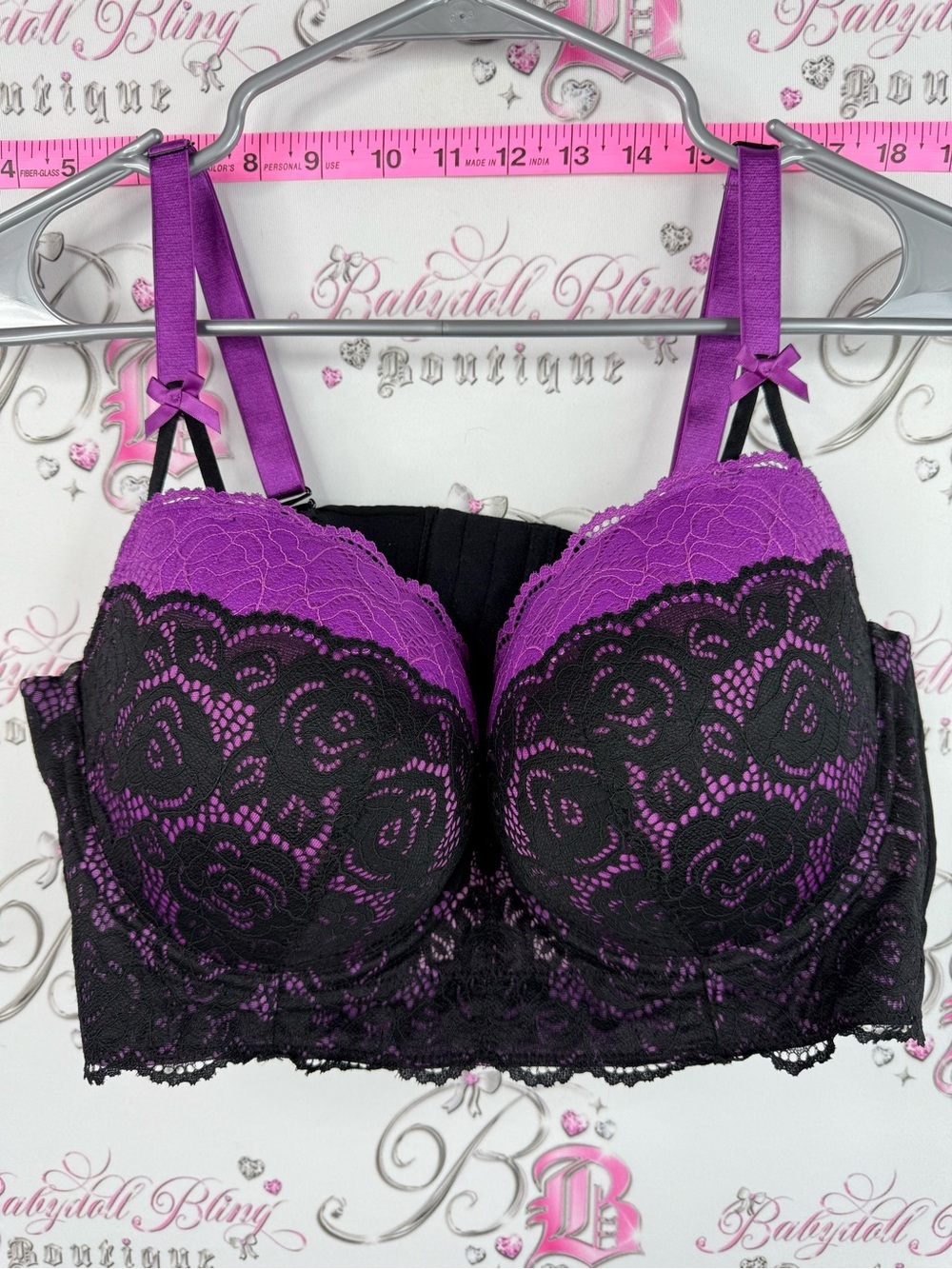 Deesse Lingerie bra ribbon Purple and Black Lace Longline Bra 40DD floral Lacie
